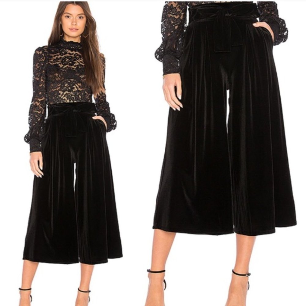 MISA Los Angeles Black Velvet Cropped Trouser Pant, XS